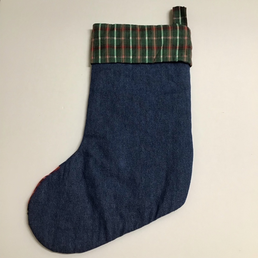 Cat Christmas Stocking Picture Frame Kitten Kitty Pet Applique Plaid Denim Stars - Picture 7 of 13